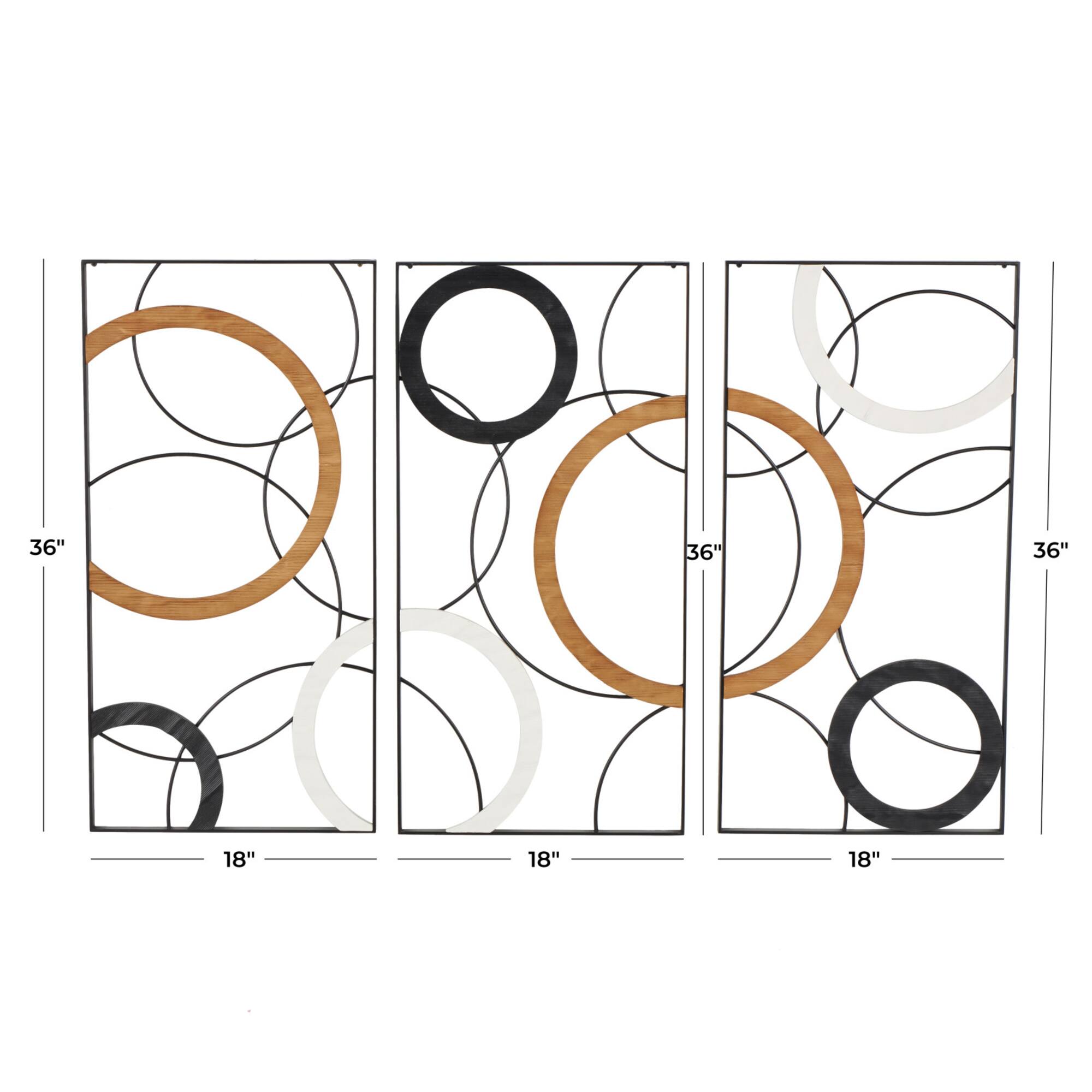 18" x 36" Black Metal Abstract with Brown & White Wooden Accent Home Wall Décor, 3ct.